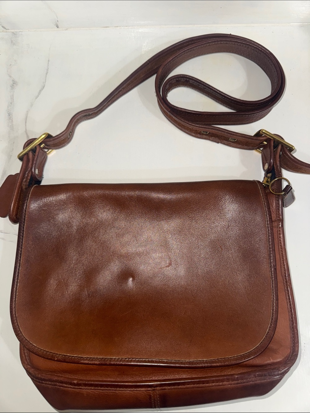 Coach Classic Brown Leather Crossbody Bag Flap Bag with Adjustable Strap